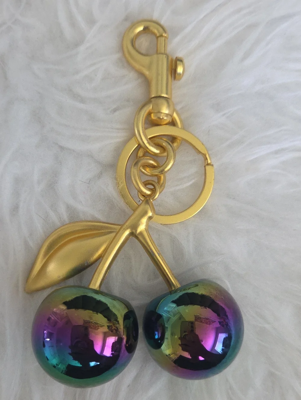 Gold Cherry Keychain with Iridescent Purple-Green Charms